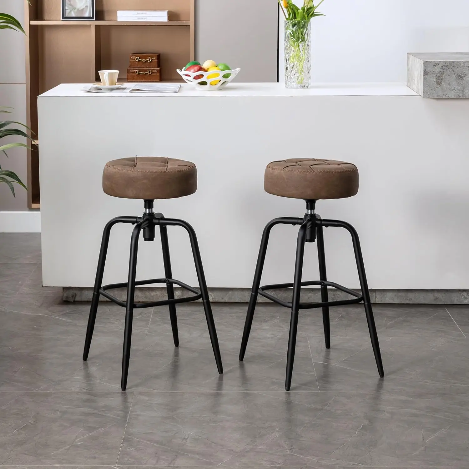 Swivel Bar Stools Set Of 2, 28 Inch Bar Stools Bar Height For Kitchen Island, Tan Backless Bar Stools With Faux Leather