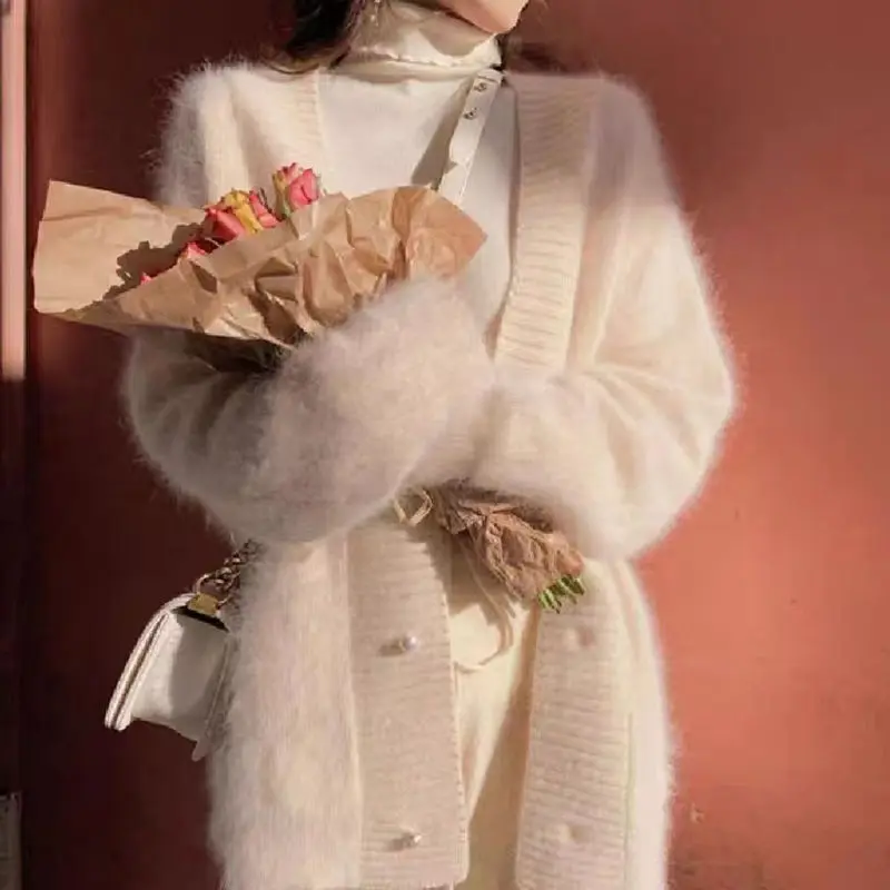 New Autumn and Winter Plush Knitted Cardigan V-neck Sweater Jacket for Women Loose Top