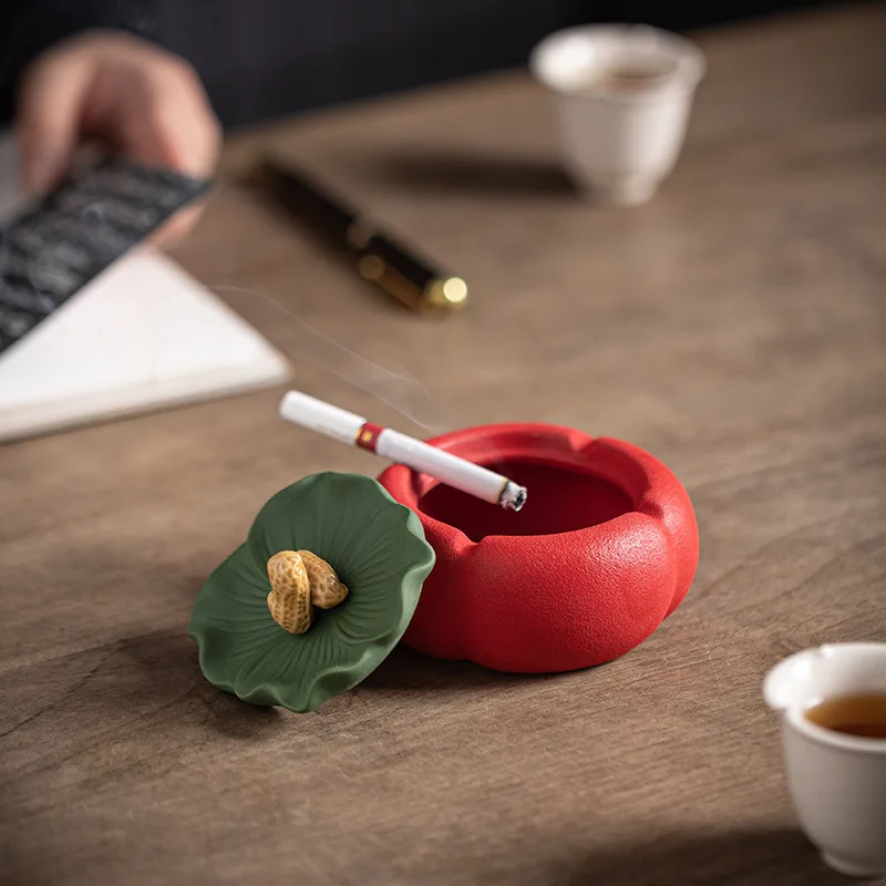 Good Persimmon Happens Creative Ceramic Persimmon Ashtray with Lid, Windproof, Household Coffee Table Decorative Ashtray Ornamen