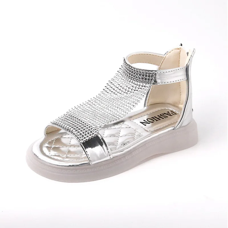 Summer Girls Shoes Rhinestones Sandals Flats Diamond Princess Fashion Dance Shoes Kids High Toe Sandals Children Wedding Shoes