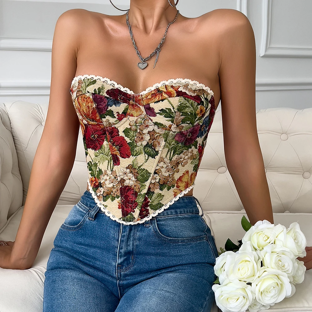 oil-painting-embroidery-crop-top-women's-design-sense-belted-slimming-asymmetrical-ort-base-irt-french-sle