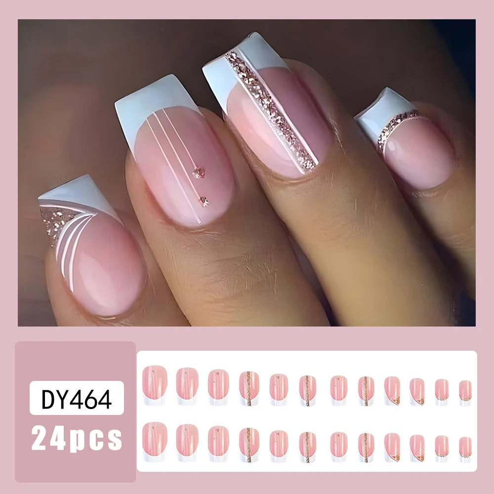 24pcs French Cropped False Nails Sample French Fake Nail Art Full Cover Waterproof Faux Pressed on Nail Tips Accessories