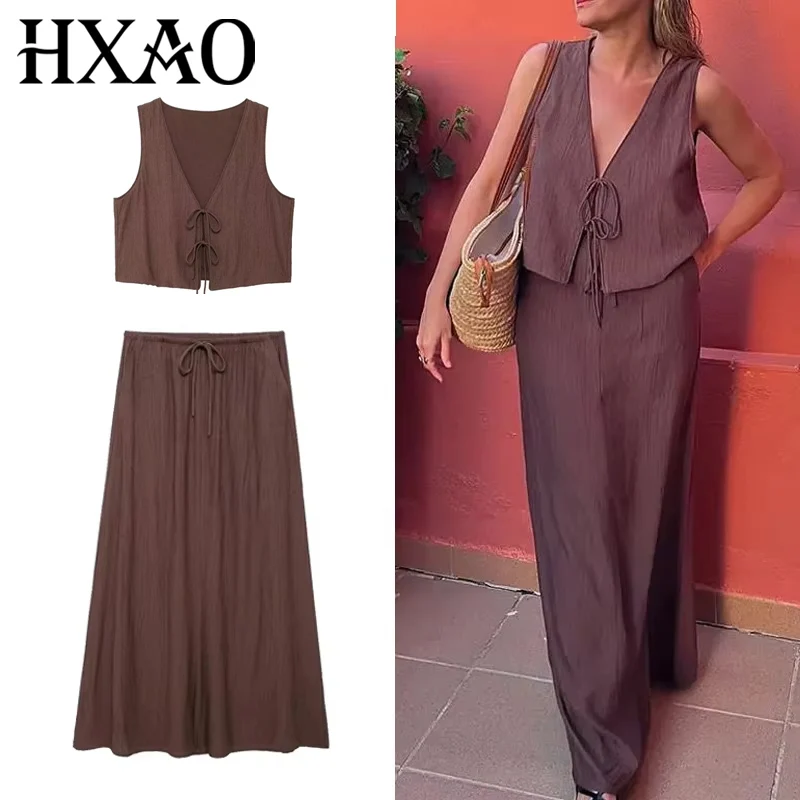 

HXAO Skirt Two Piece Set Tied Sleeveless Vest Top High Waist Women's Midi Skirt Summer Waistcoat Long Skirt And Top Set Women