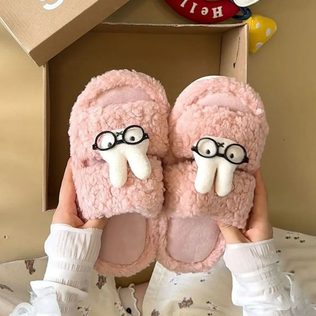 Cartoon Miffy Rabbit with Glasses Plush Women Slippers Autumn and Winter Dew Toe Thick Bottom Anti Slip Indoor Outdoor Home Shoe view 2