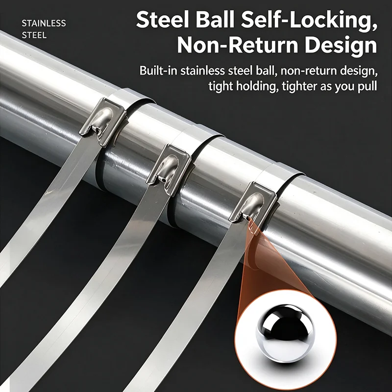 Heavy‑Duty 304 Stainless Steel Cable Ties 4.6mm Wide Ball‑Lock Metal Strap for Marine Automotive Outdoor Use
