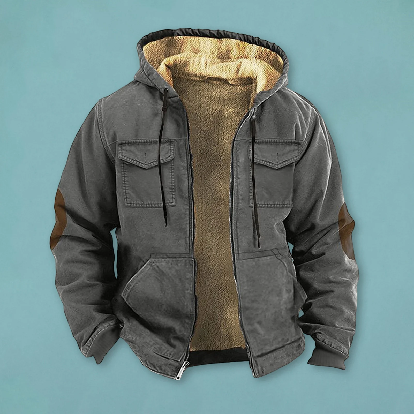 2025 Men Winter Sherpa Jacket Contrast Color Patchwork Fuzzy Coat Hooded Thick Warm Loose Fleece Streetwear Harajuku Parkas