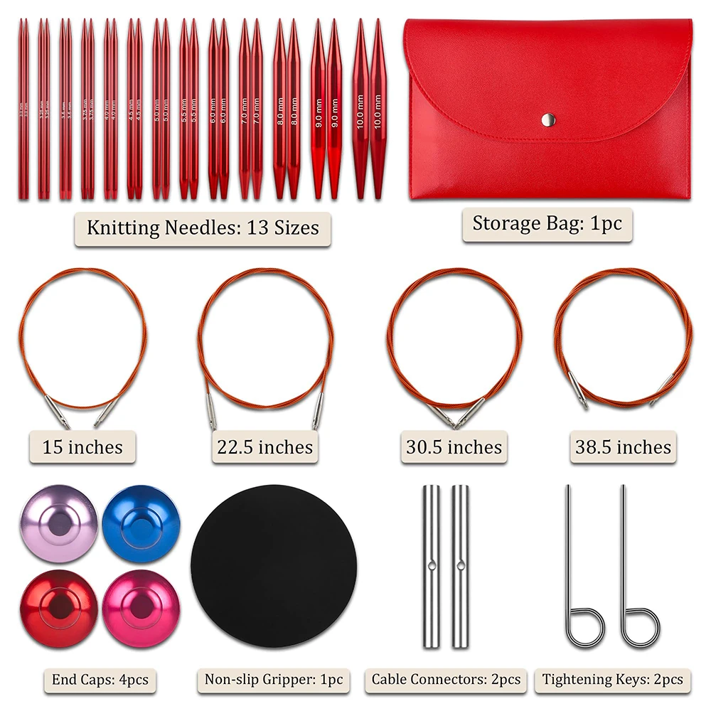 

10cm Interchangeable Circular Knitting Needles Set - 13 Pairs 3.0mm-10.0mm Premium Red Aluminum Knitting Needles & Accessories