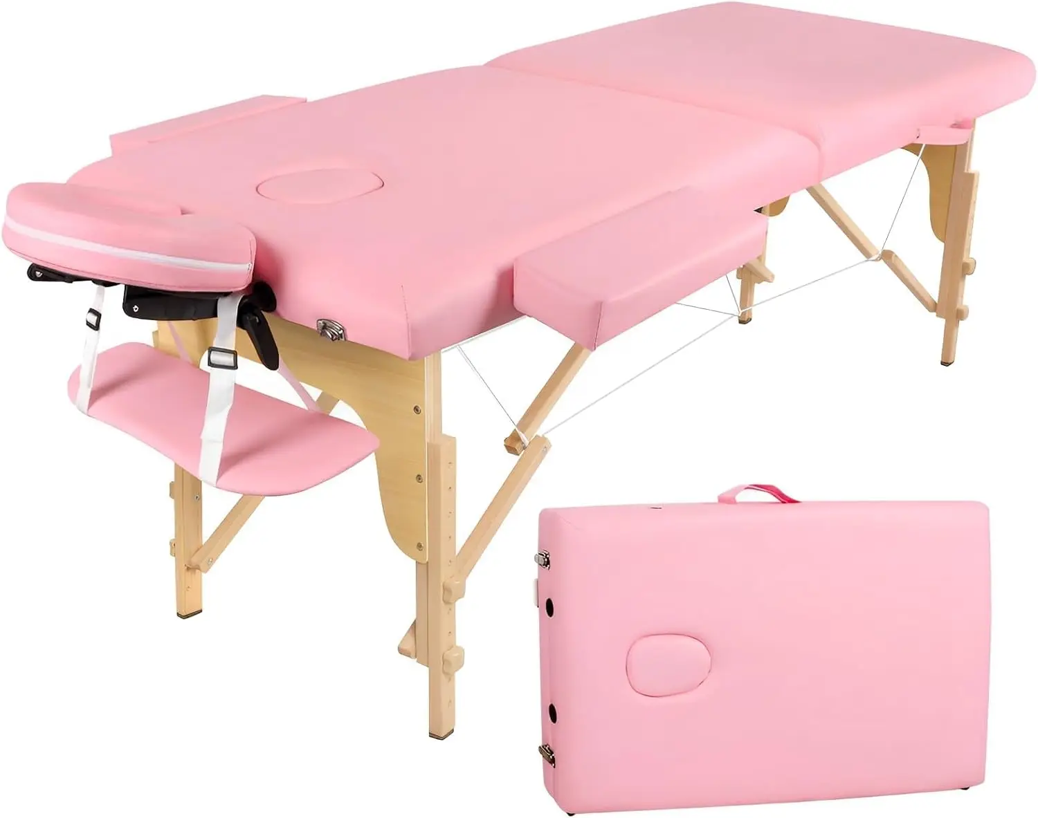 Camilla de Masaje Plegable - 2-Zona Madera Camilla Estetica Portatil para Fisioterapia y Tatuaje (Rosa)