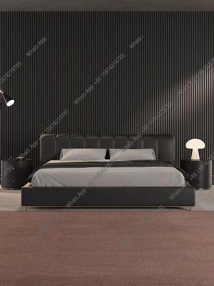 

J Bed Italian Minimalist Home Simple Master Bedroom 1.8m 1.5m Double Black Top Layer Scalper Leather Bed Minimalist Italian Mini