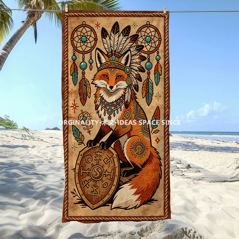 Bohemian Fox Dreamcatcher Beach Towel Patterned Sunscreen And Windproof Suitable For Swimming Pool Camping Travel