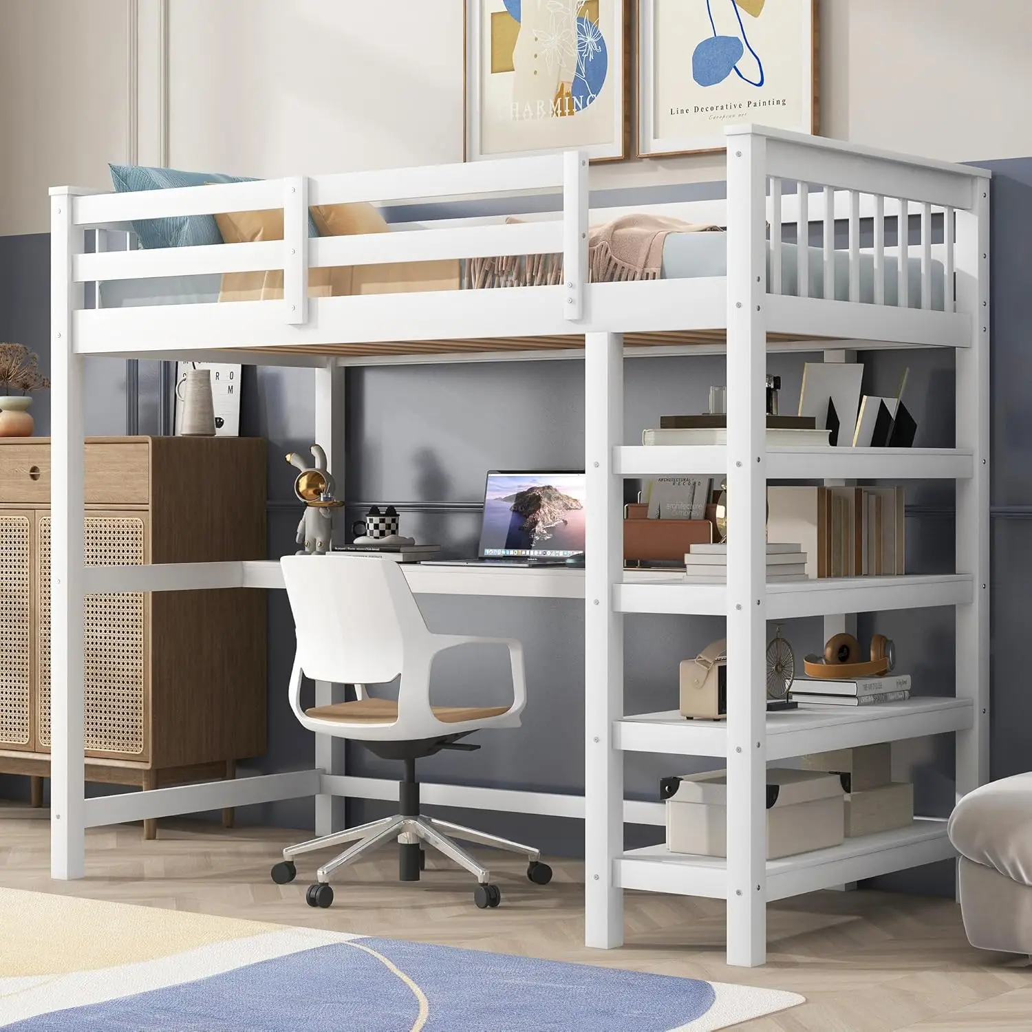 Wood Loft Bed with Desk : Twin Size Loft Bed with 4-Storage Shelves and Under-Bed Desk Solid Wood Bed, White