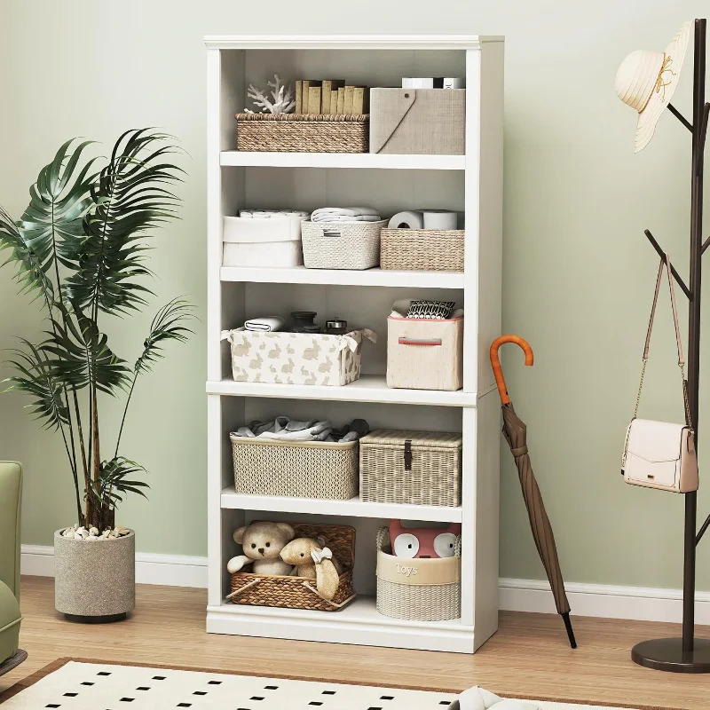 70-Inch Tall White Bookcase, 5 Tiers Shelves Open Storage Bookshelf, 33 in Wide Anti Tipping Indoor Furniture, Customized