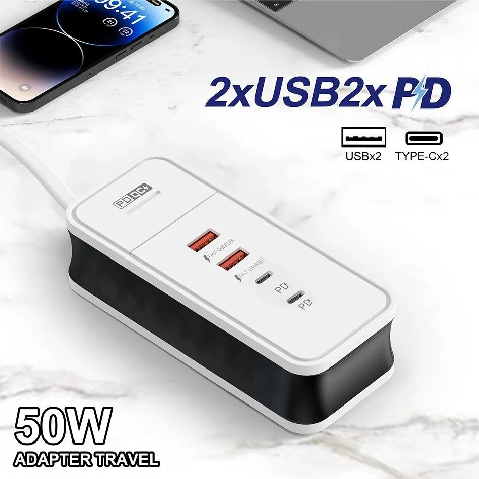 PD USB Total 50W Charger 4 Ports USB HUB 3.0 Splitter Fast Charging Charger For iPhone Xiaomi Samsung Power Socket Wall Adapter
