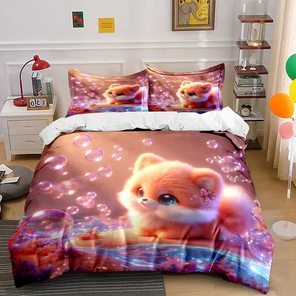 Dreamy Bubbles With Cute Creature Printed Duvet Cover Set1 Duvet Cover+2 PillowcaseMulti Size Bedroom Bedding Decor