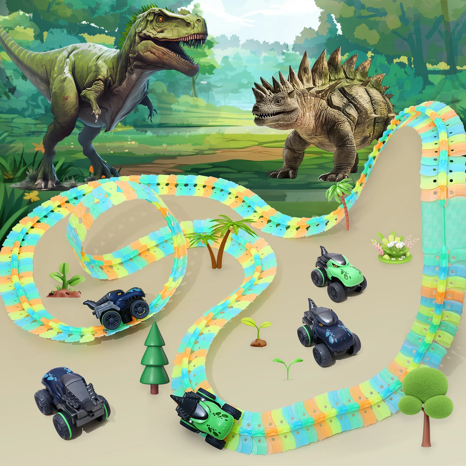 178PCS Dinosaur Scene Luminous Track Car
