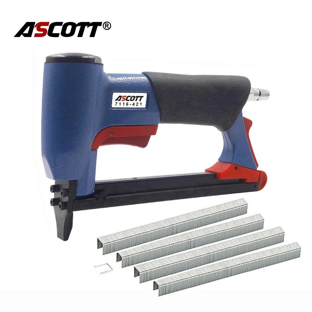 Ascott 7116 Pneumatic Upholstery Stapler 22Ga 3/8inch Width Crown Nailer Leather Seats Nailing Gun with 2000pcs Crown Staples