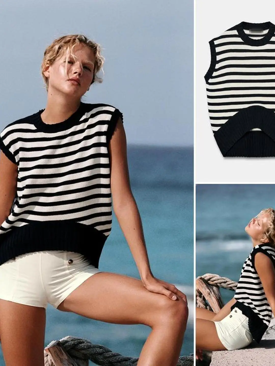 Summer Knitted Sleeveless round Neck Vest Asymmetric Hem Ribbed Layer Striped A-Line Narrow Strap Vest Citywalk Neutral