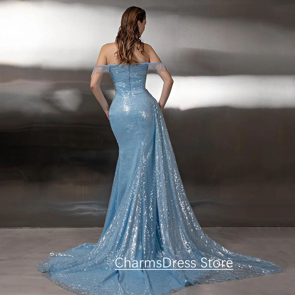 Vestido de noche de sirena con lentejuelas a la moda, personalizado, con hombros descubiertos, tren de barrido de cristal, vestido de fiesta de sirena árabe