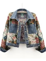 Fashion Jacquard Floral Embroidery Denim Jacket Women Slim Short Cowboy Outerwear Streetwear Big Pocket Cropped Jeans Coat