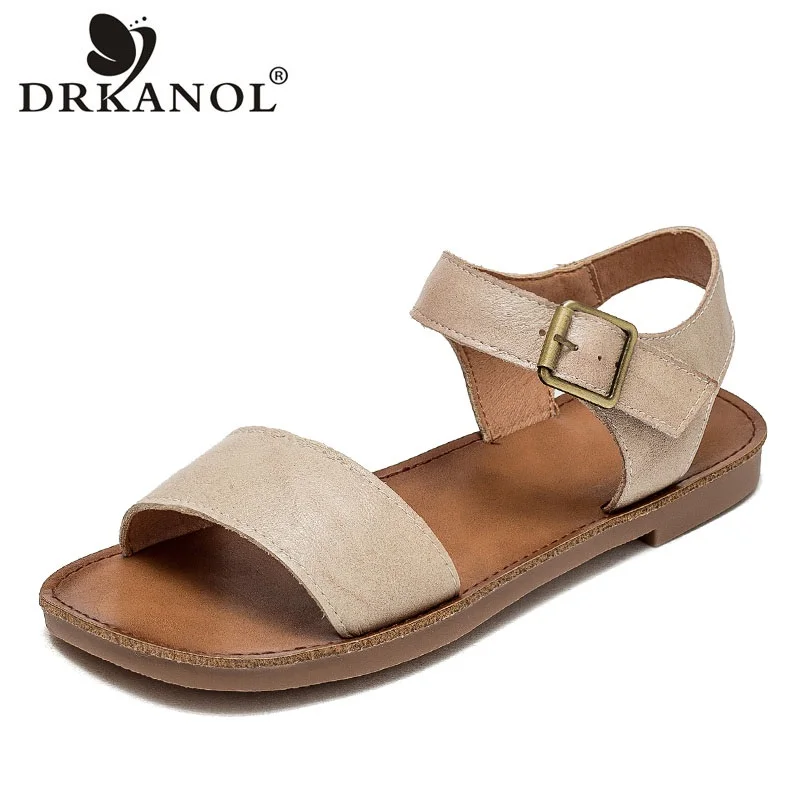 

DRKANOL Fashion Retro Flat Sandals Women Summer Open Toe Shoes New Handmade Genuine Leather Hook Loop Concise Casual Sandals