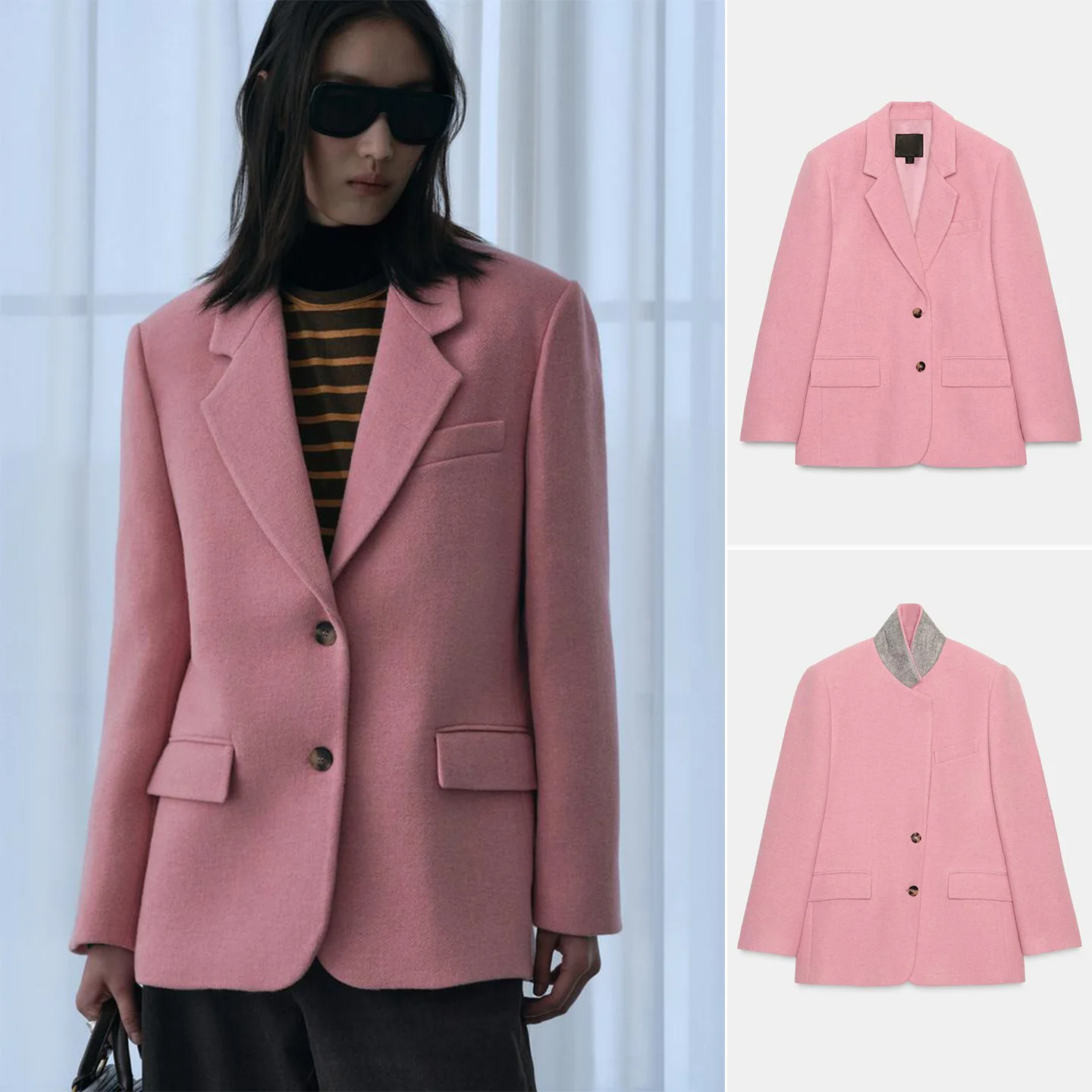 

Winter New Women's Oversized Single Row Multi-Bule awl Collar Long Sve Suit Jaet Commute Sle Casual Polyester Fiber