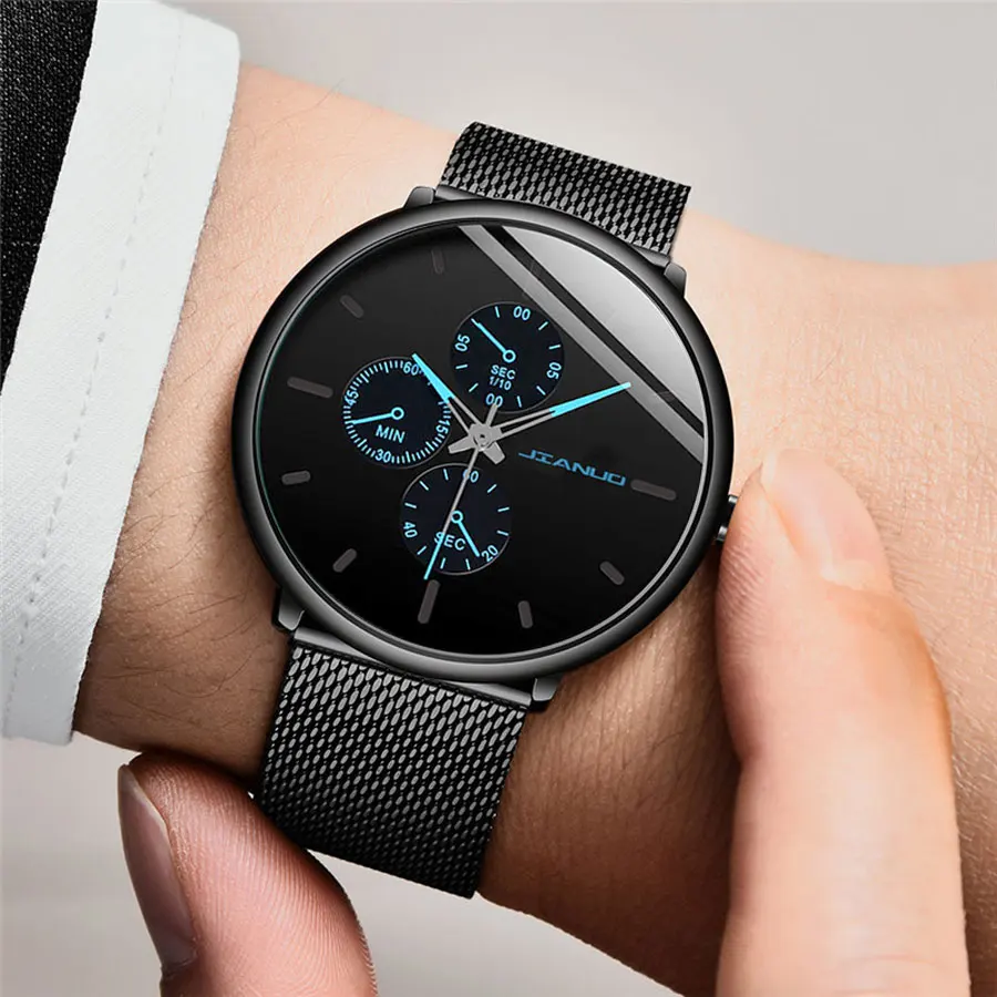 Korean style ultra-thin men's watch with mesh strap, British three eyes, men's scale, simple quartz watch