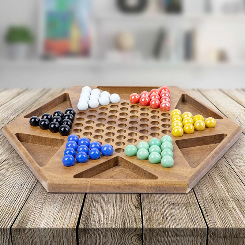 Wooden Chinese Checkers Board Game with Marbles for Kids and Adults