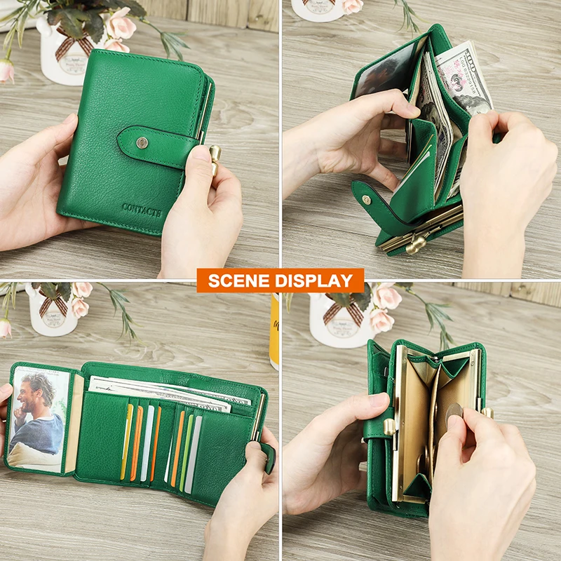 Contact\'S Women Short Coin Purse Metal Frame Green Genuine Leather Wallet Credit Card Holder Fashion Small Wallets for Woman