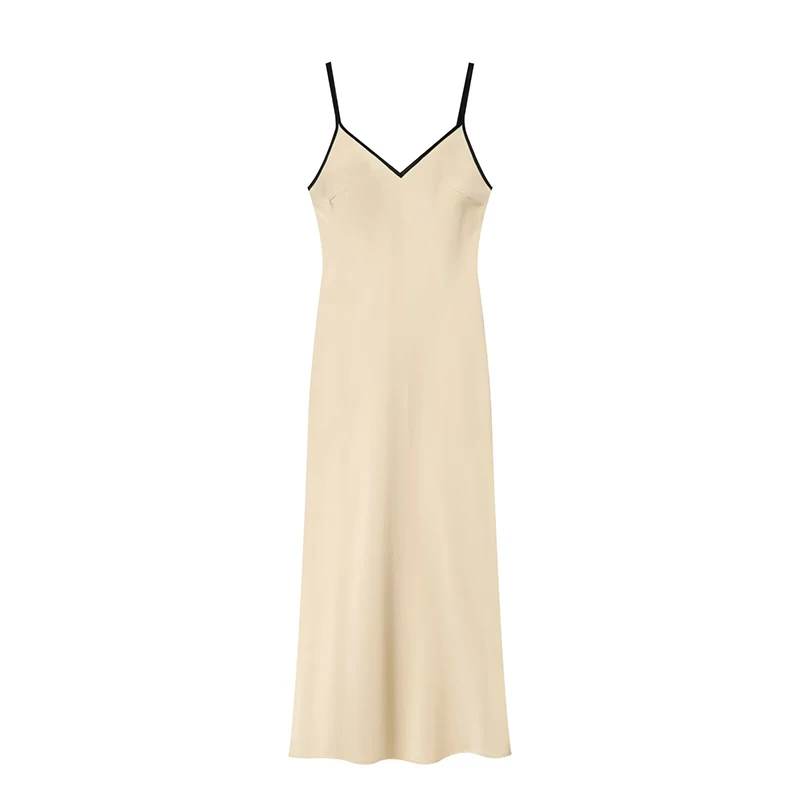 YENKYE Women's Beige Satin Long Sling Dress Contrast Black Trim V-Neck Thin Strap Summer Sexy Dresses Maxi Vestidos