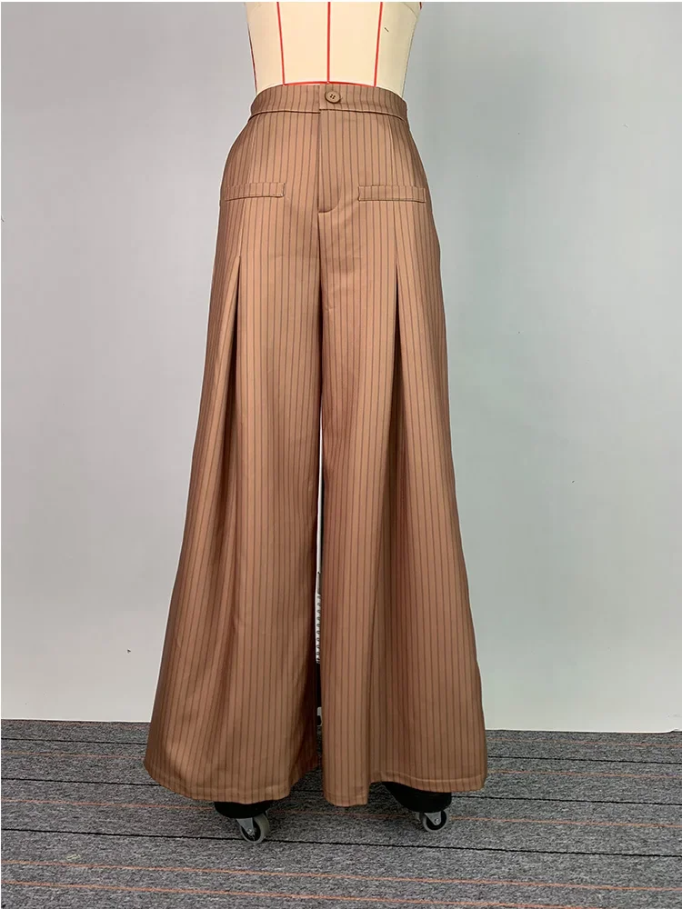 Beautyblue Women's Striped Pants Wide Leg Pleated Trousers New Elastic Waist Buttons Loose Casual Bottom Famale Office Commute