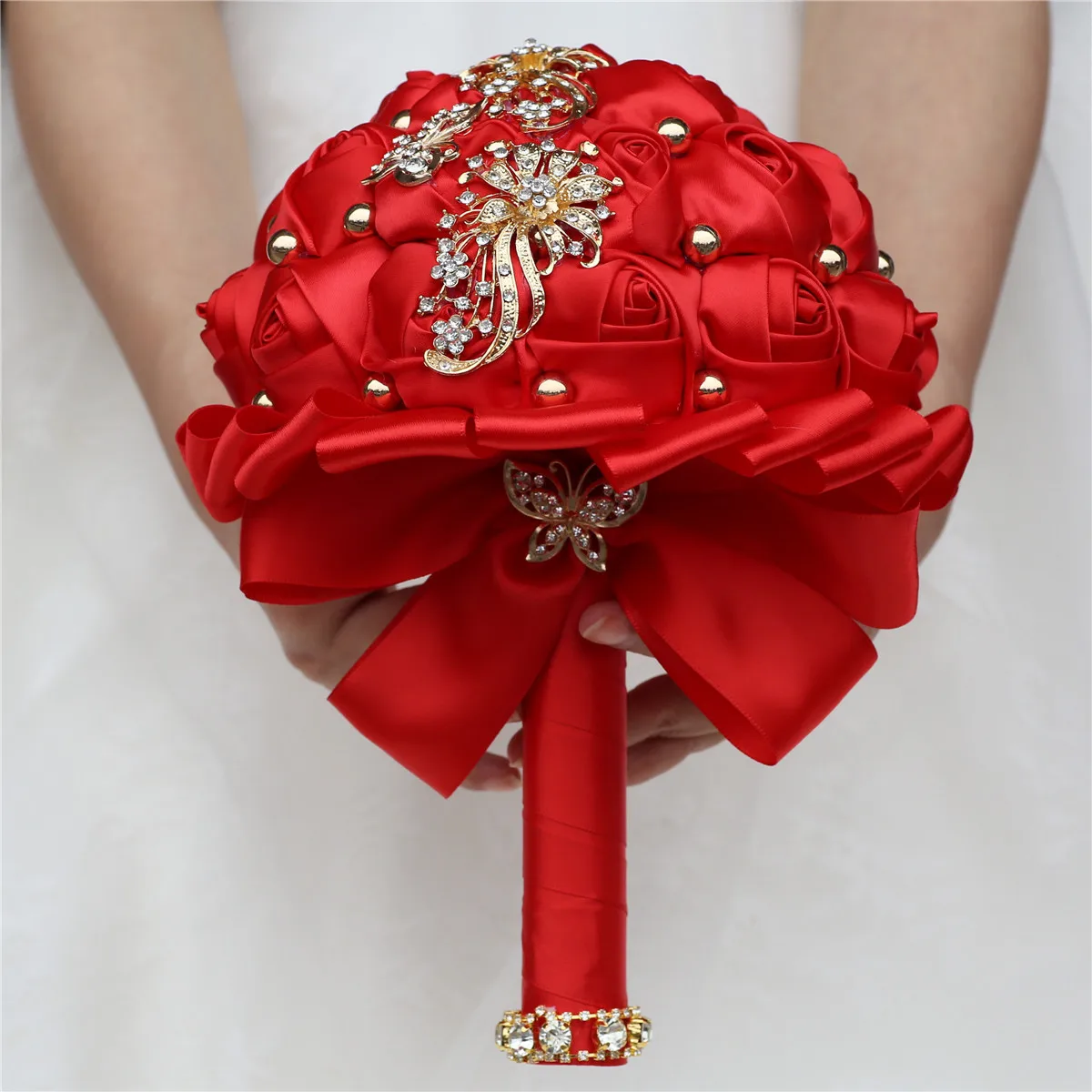 Hot Selling Red Wedding Bouquet For Bride and Bridesmaid Gold Rhinestone Pearl Holding Flower Wedding Party Decoration Wholesale