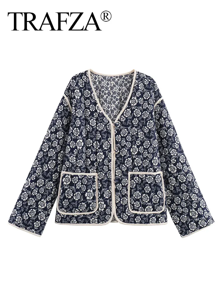 TRAFZA Women Elegant Flower Print Reversible Coat 2024 Autumn Long Sleeve Cardigan Jacket Vintage Fashion Loose Casual Outerwear