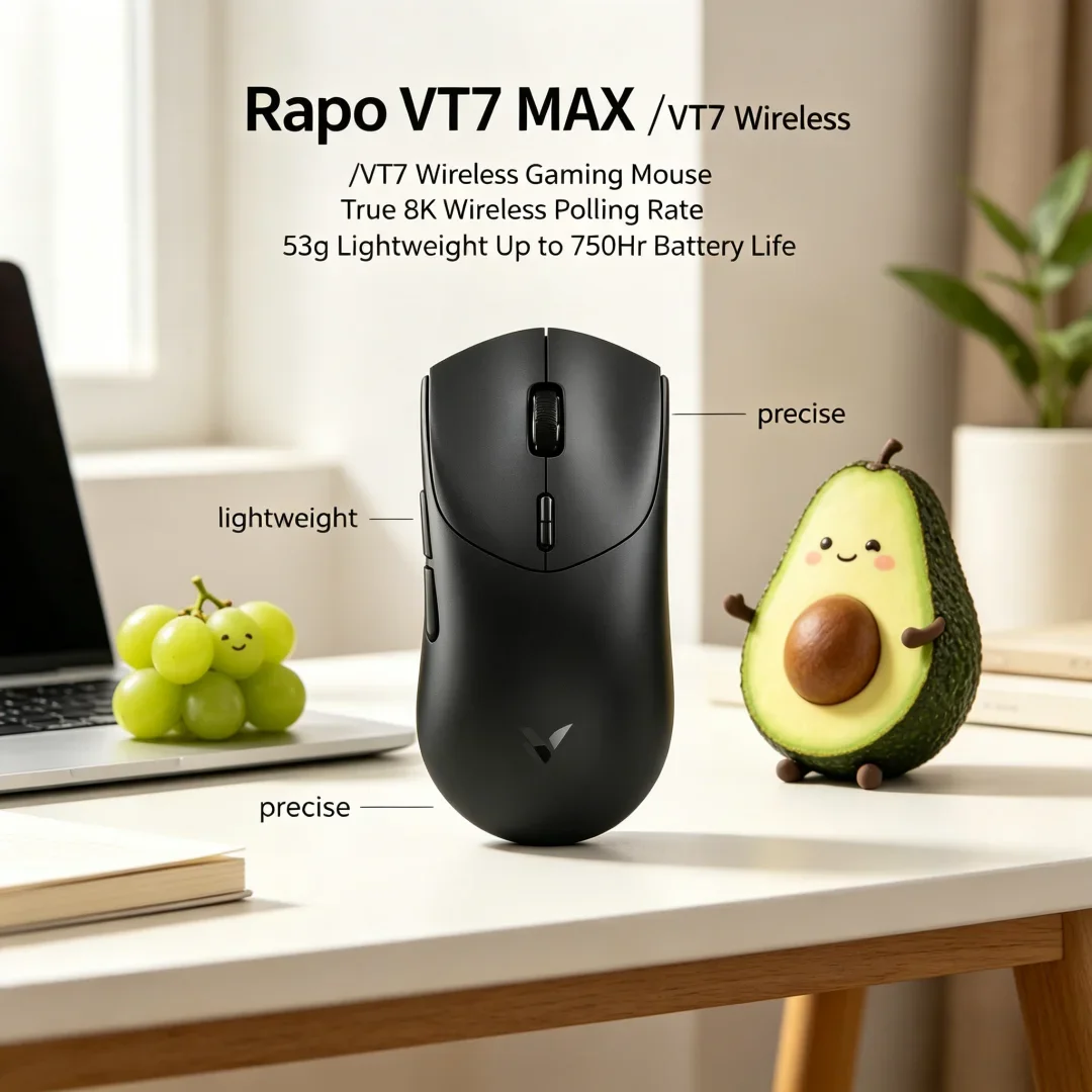 Luxuriant Rapoo VT7 MAX /VT7 Wireless Esports Mouse True 8K Wireless Polling Rate 53g Ultralight Up to 750Hr Sustained Battery