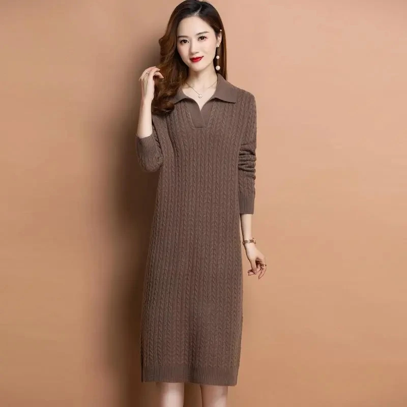 Fashion Lapel Knit Dress For Women New Spring Autumn Korean Casual Loose Long Pullover Sweater Dresses Female Bottomming Shirts