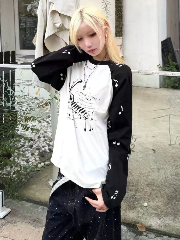 Y2K Harajuku Visual Kei Graphic Musical Note Print Raglan Color Block Long Sleeve T Shirt Women Loose Fit Casual Streetwear Tee