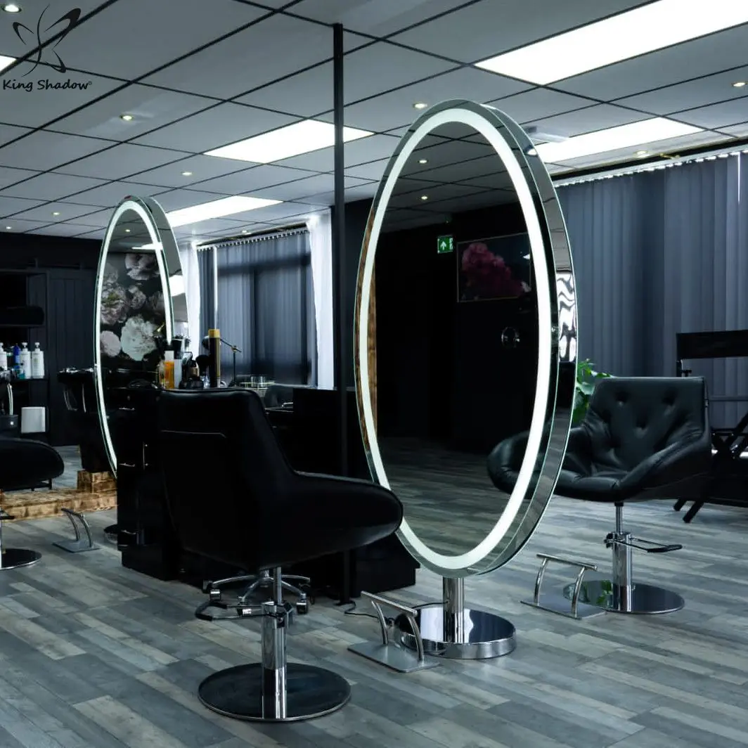 

Salon Furniture Double Sided LED Makeup Mirrors Styling Stations Beauty Mirror Station Oval Metal Hair Salon Beauty Care Modern