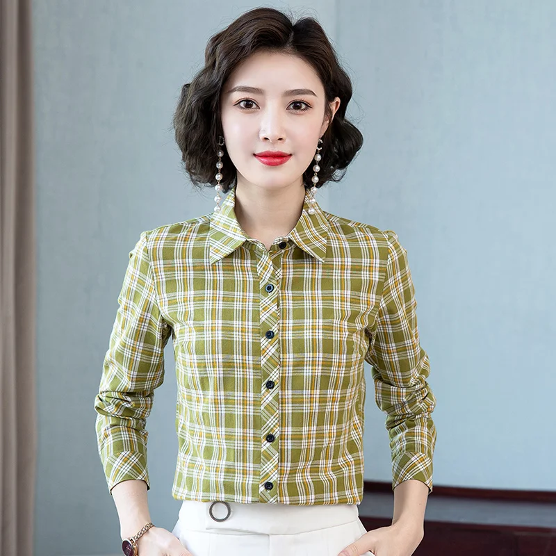 

New Women'S Long Sleeved Spring Autumn Pure Cotton Plaid Shirt Fashionable Korean Version Casual Loose Versatile Mother'S Top