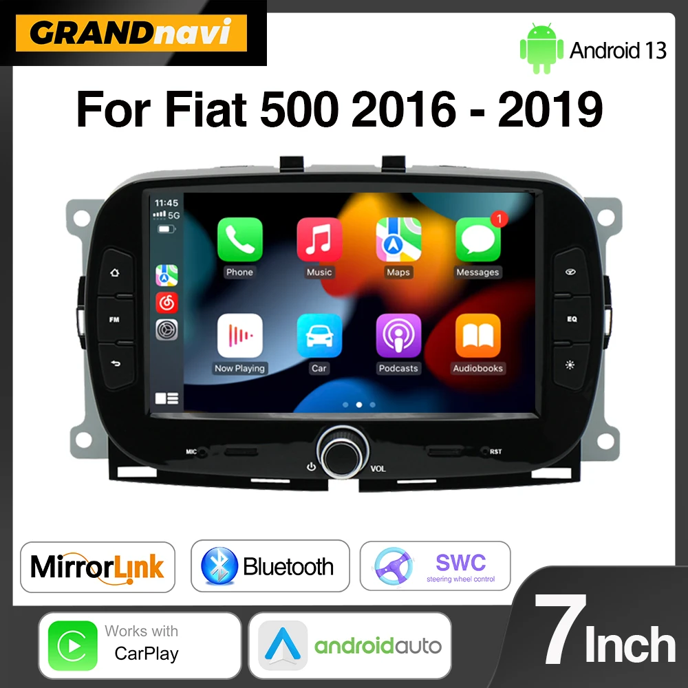 7inch For FIAT 500 2016 2017 2018 2019 Android 13 Car Radio Stereo Wireless Carplay Android Auto Touch screen GPS WIFI DSP 