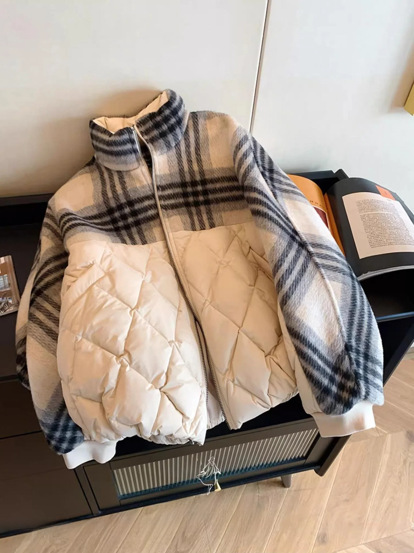 

Korean Sle Anti-Aging Color Blo Plaid Splicing Cotton Jaet Women's Winter Loose Slimming Cotton Coat ort Sve round...