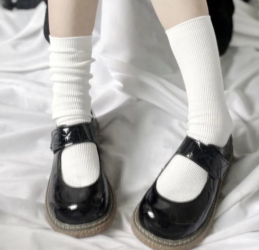 

Jk White CHAOZHU Uniform School Black Girls Lolita Cosplay Accessories Socks Girls Cotton Knitting Lace Top Loose Rib Sockken