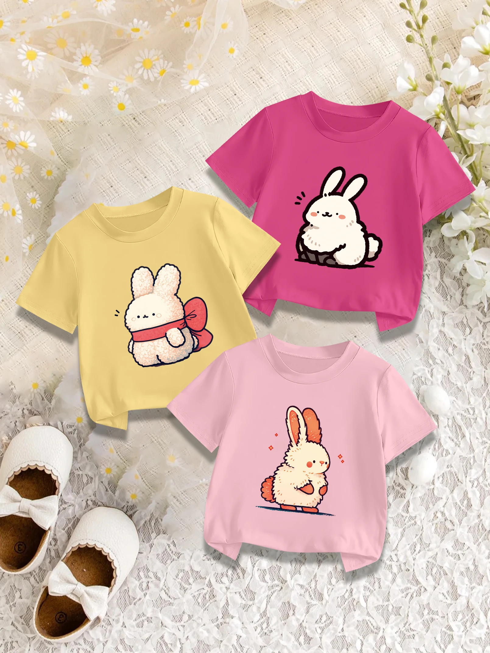 

3 предмета: Праздничная летняя футболка для девочек на Пасху с коротким рукавом, с милым мультяшным рисунком плюшевого кролика, повседневный топ.