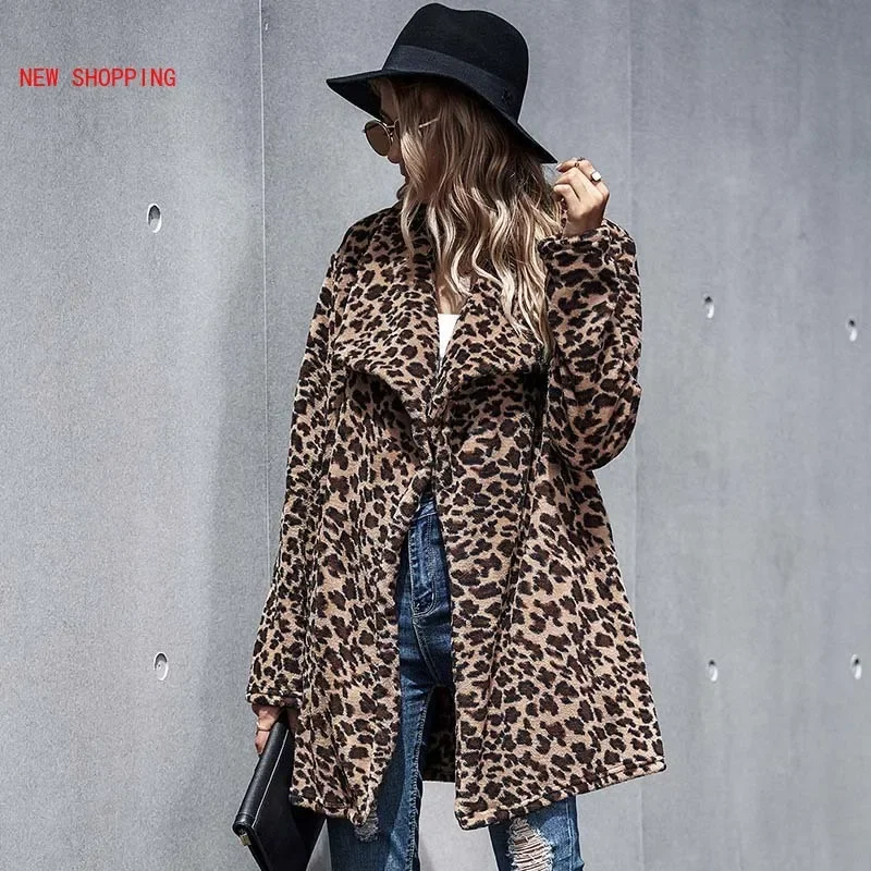 New Women Plush Teddy Coat Autumn Winter Leopard Faux Fur Coats Women Lapel Faux Fur Fluffy Long Teddy Jacket Female Thick Warm