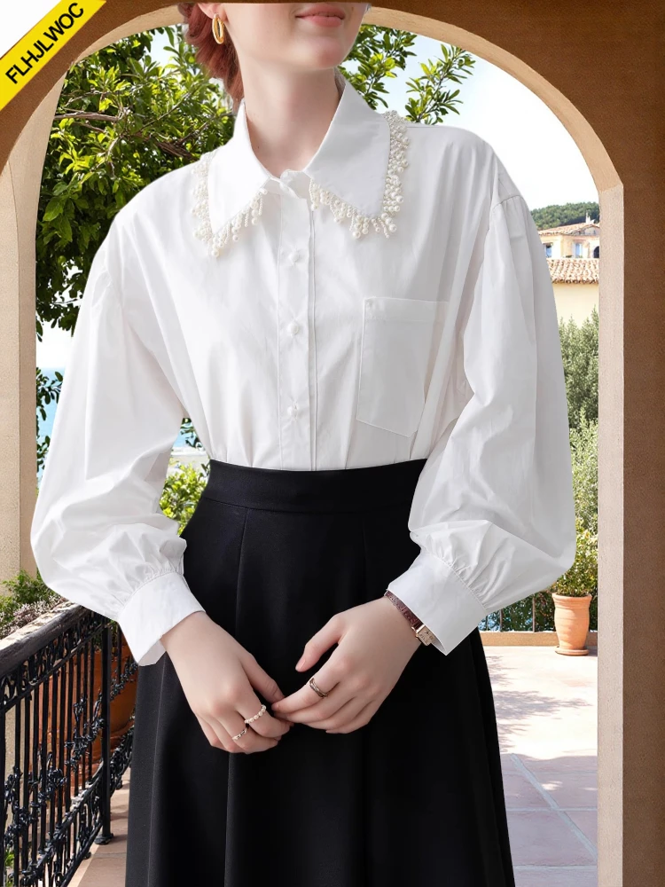 

Cotton Blends Tops Blouses New Pockets Design 2025 Spring Summer Office Lady Cute Sweet Girls White Ruffles Beaded Bling Shirts