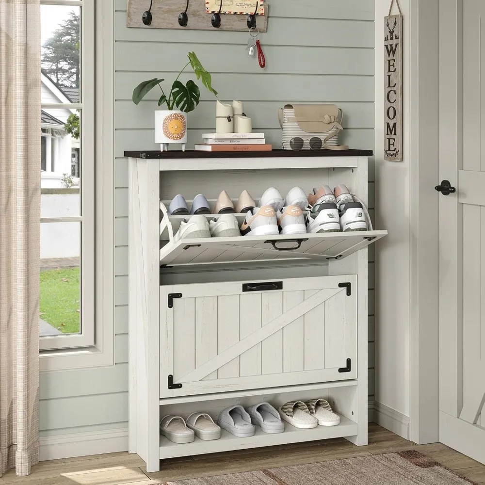 

Shoe Cabinet with 2 Flip Drawers，Farmhouse Shoe Rack for Front Door Entrance，Rustic White Shoe Cabinet Storage for Entryway,Vint