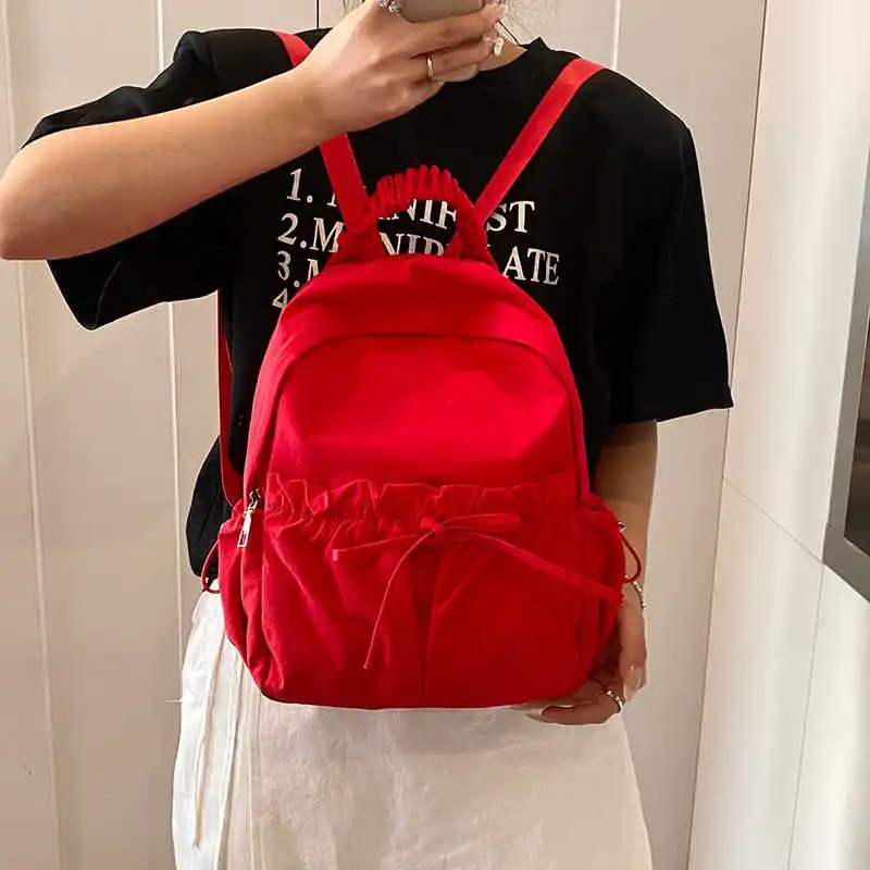 

Women Red Nylon Backpacks Korean Style Solid Color Large Capacity Travel Shoulders Bag Casual Versatile Student School Bags
