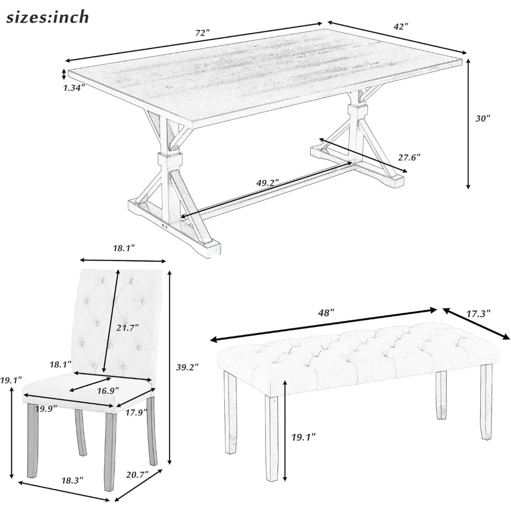 6 Pieces Dining Table Chair Set with Bench, 72