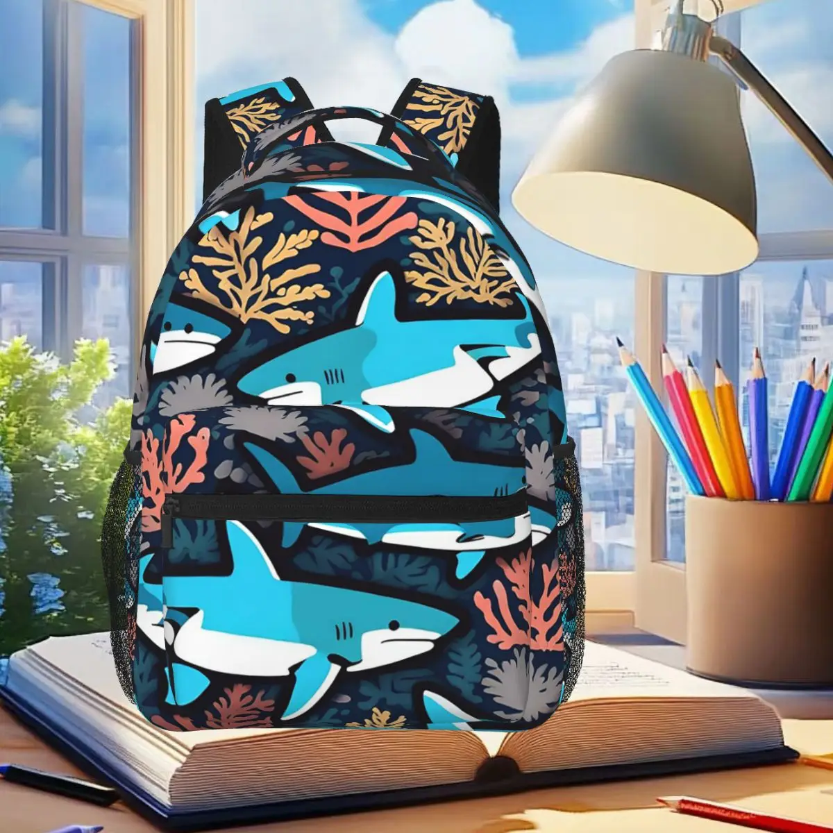

Shark Ocean Underwater Creatures Backpack Student Boys Girls BookBag Kids School Bag Computer Shoulder Bags for Men Women