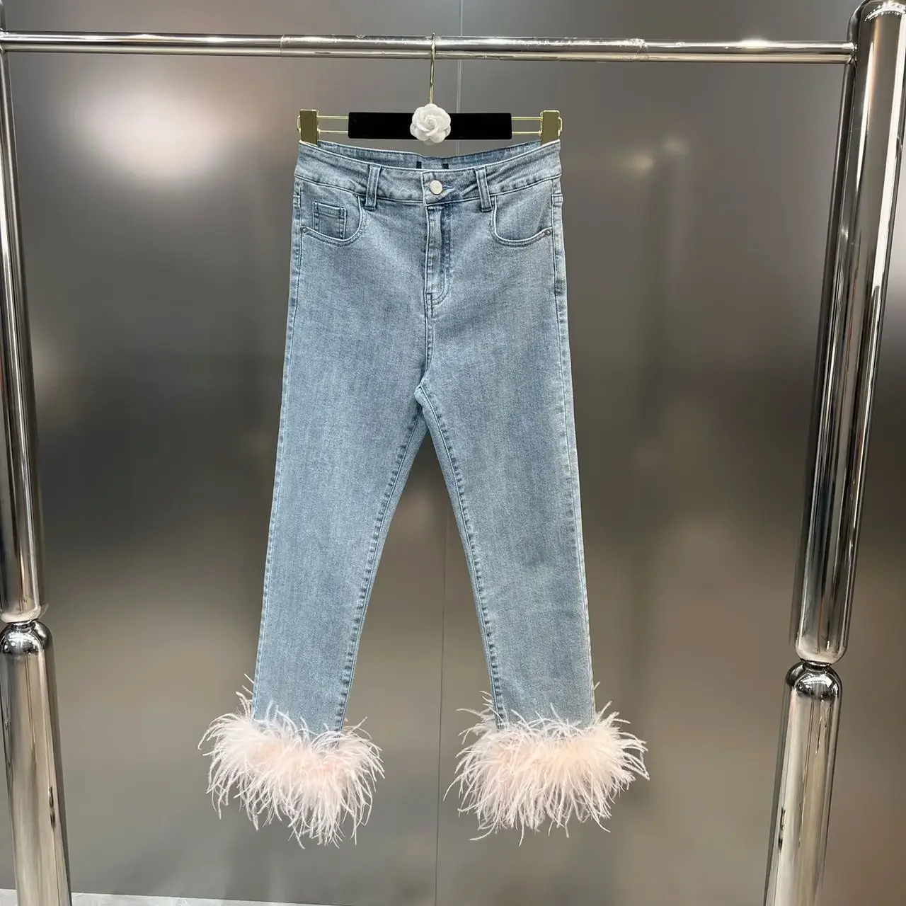 2023 inizio autunno piume di struzzo bretelle Jeans dimagranti stile europeo Ins Street Vest canotta pantaloni in Denim vestito moda