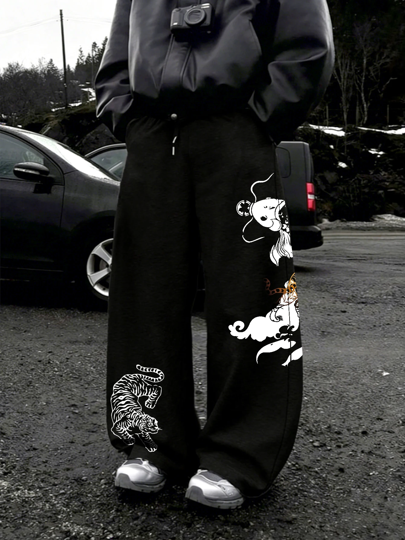 Men White Tiger Koi Fish Print Wide Leg Sweatpants Drawstring Soft Asian Street Loose Trousers