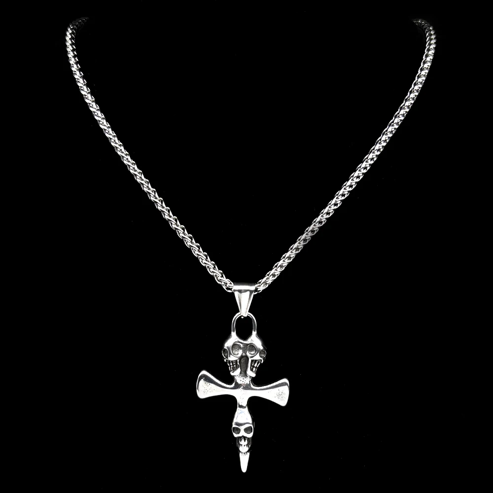 Modische Totenkopf-Kreuzkette für Damen und Herren, Edelstahl, schwarz, Dark-Punk, Heavy-Metal-Anhänger, Halskette, Schmuck, Geschenke – Detail 6